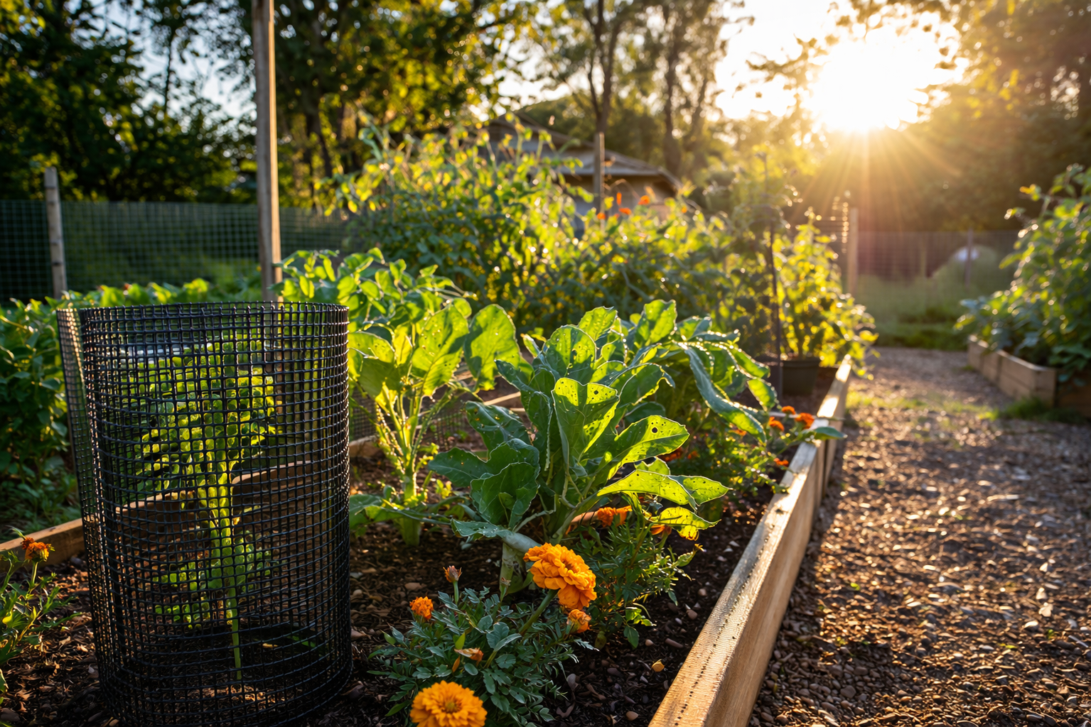 Sunset-lit vegetable garden with raised wooden beds of leafy greens, marigolds along the edges, and a protective mesh cylinder around a young plant.