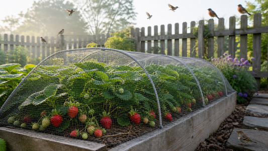 Dalen-branded garden header showing a raised strawberry bed covered with fine mesh netting, protecting ripening strawberries from birds in a sunny backyard.