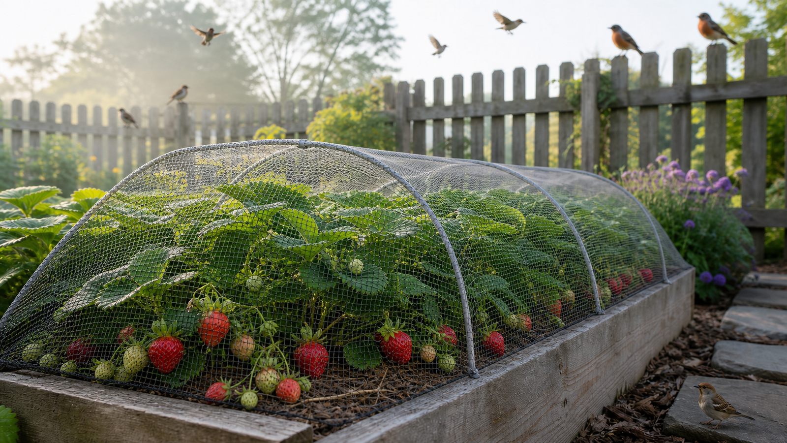Dalen-branded garden header showing a raised strawberry bed covered with fine mesh netting, protecting ripening strawberries from birds in a sunny backyard.