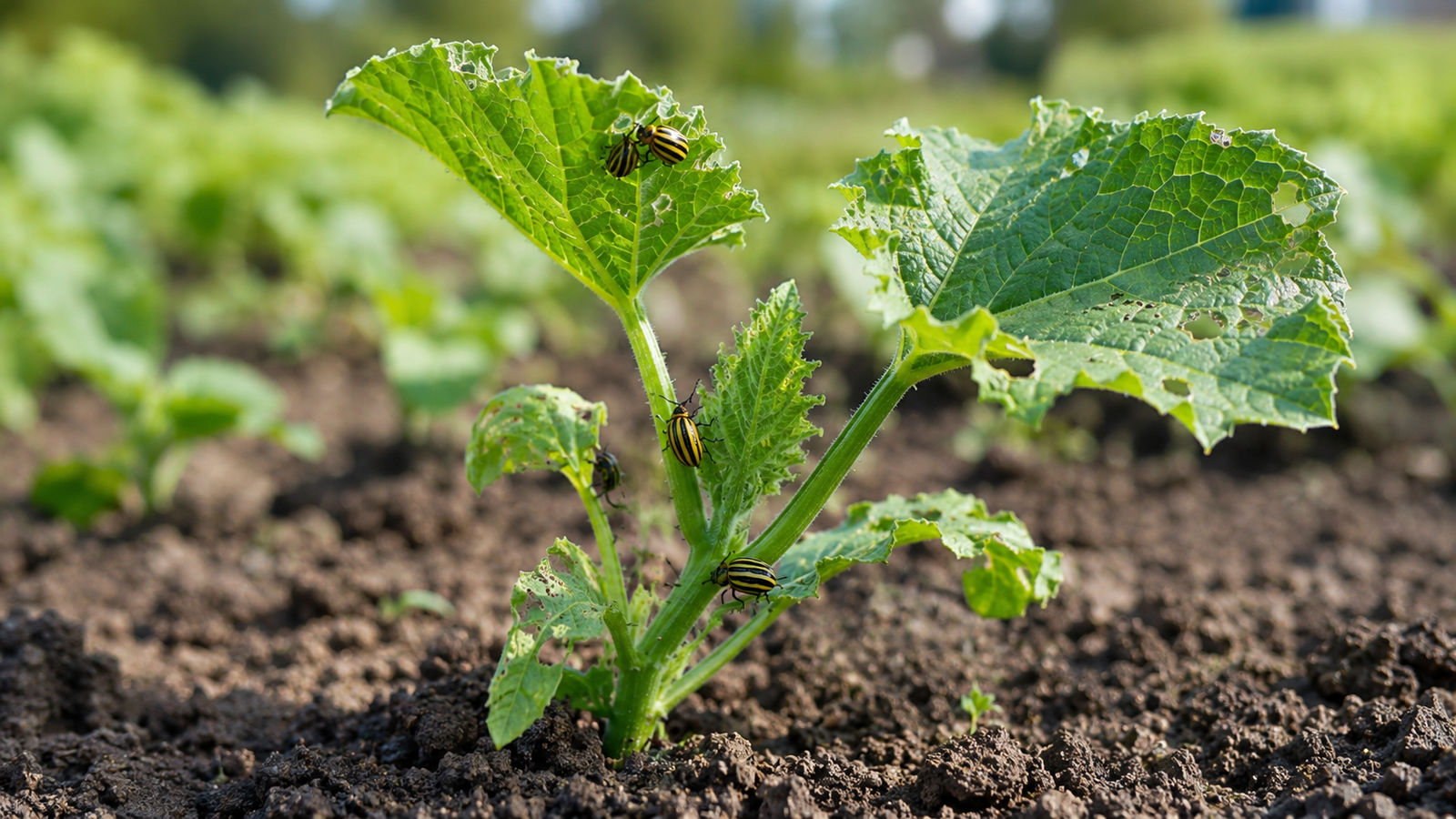 Young squash plant with chewed leaves and striped cucumber beetles in a garden bed.