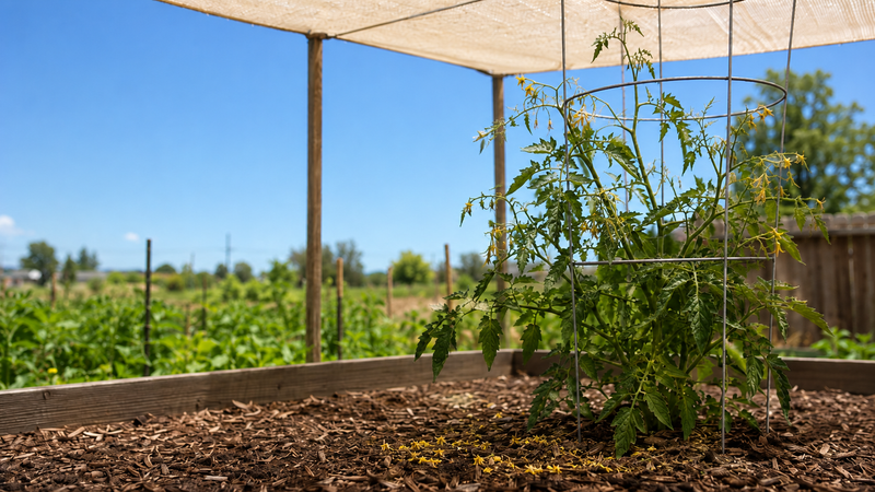 Tomato plant in a cage under breathable shade cloth in a sunlit raised garden bed, with spent yellow flowers dropped on the mulch below from summer heat