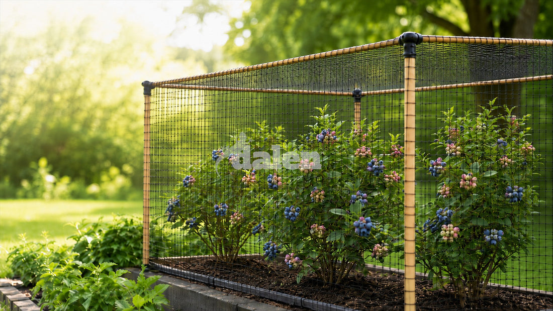 Bird netting supported above several blueberry bushes by a garden frame