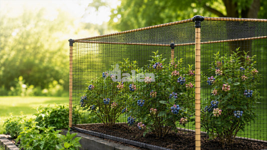 Bird netting supported above several blueberry bushes by a garden frame
