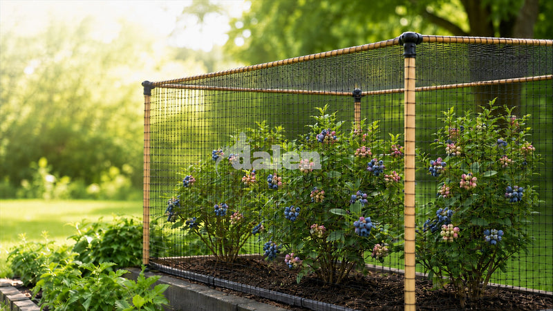 Bird netting supported above several blueberry bushes by a garden frame