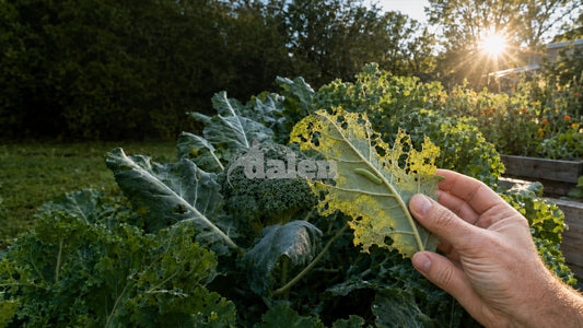 Hand holding a hole-filled brassica leaf with a green caterpillar beside broccoli and kale plants in a raised garden bed.