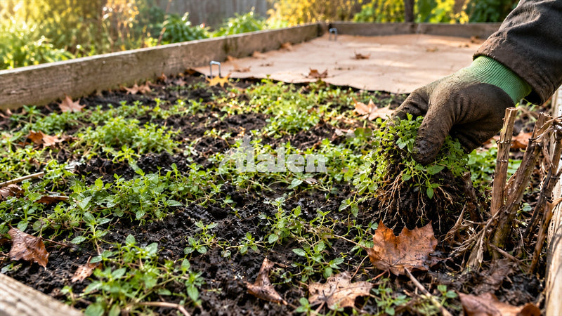 Gardener pulling common chickweed from a cleared raised bed, with biodegradable paper mulch pinned over the far half.