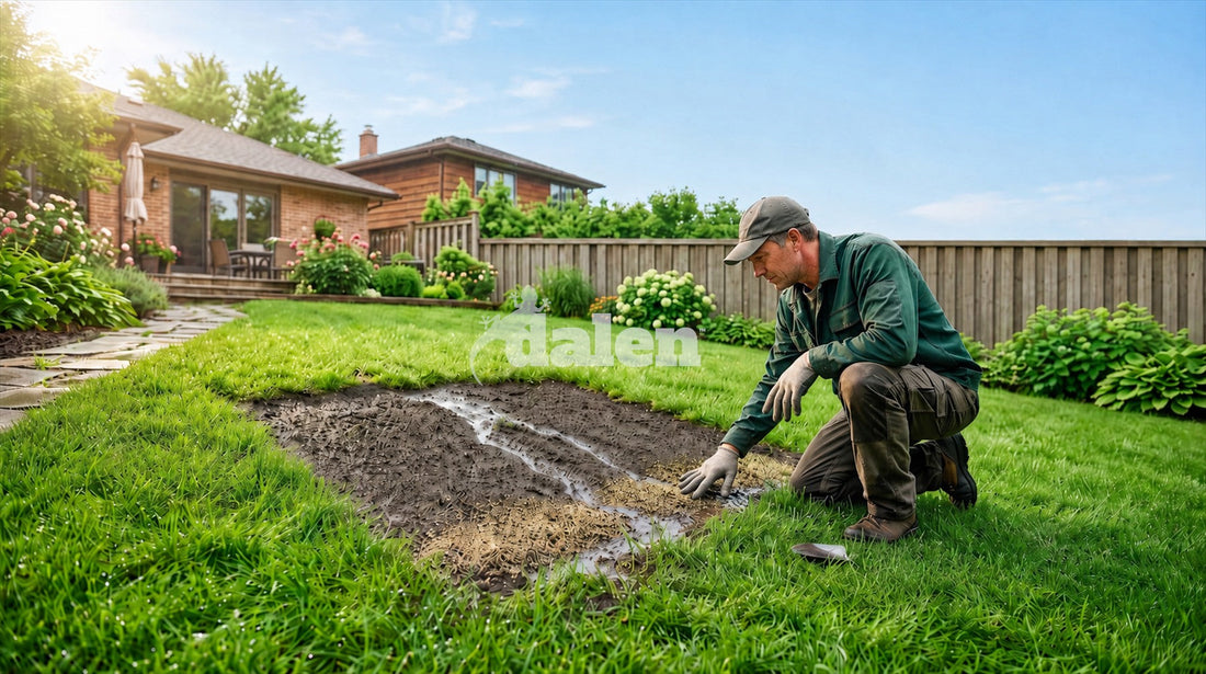 Gardener kneeling beside a newly seeded lawn patch where rain wash channels carried grass seed downhill before sprouting.