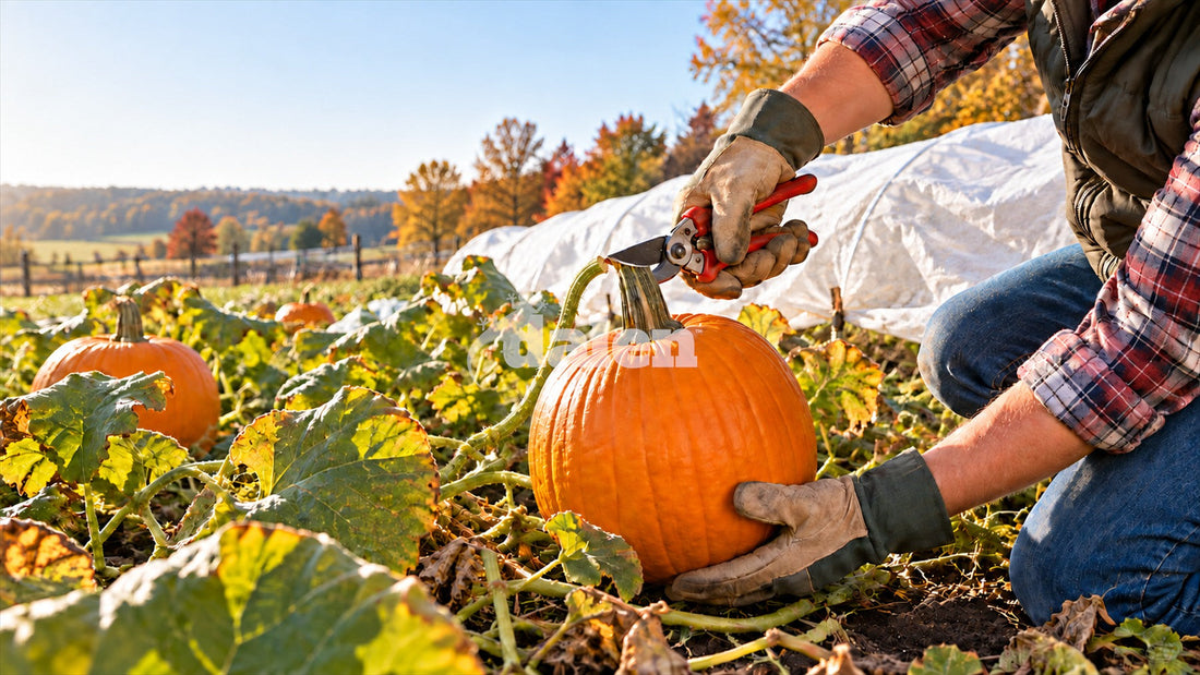 Gloved gardener cuts a mature pumpkin from its vine with pruners, with a white frost cover over the row behind.