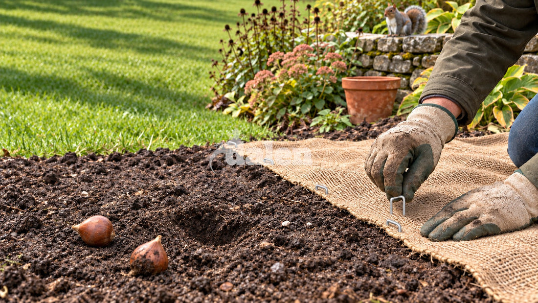 Gardener securing burlap over a freshly planted tulip bulb bed to deter squirrel digging