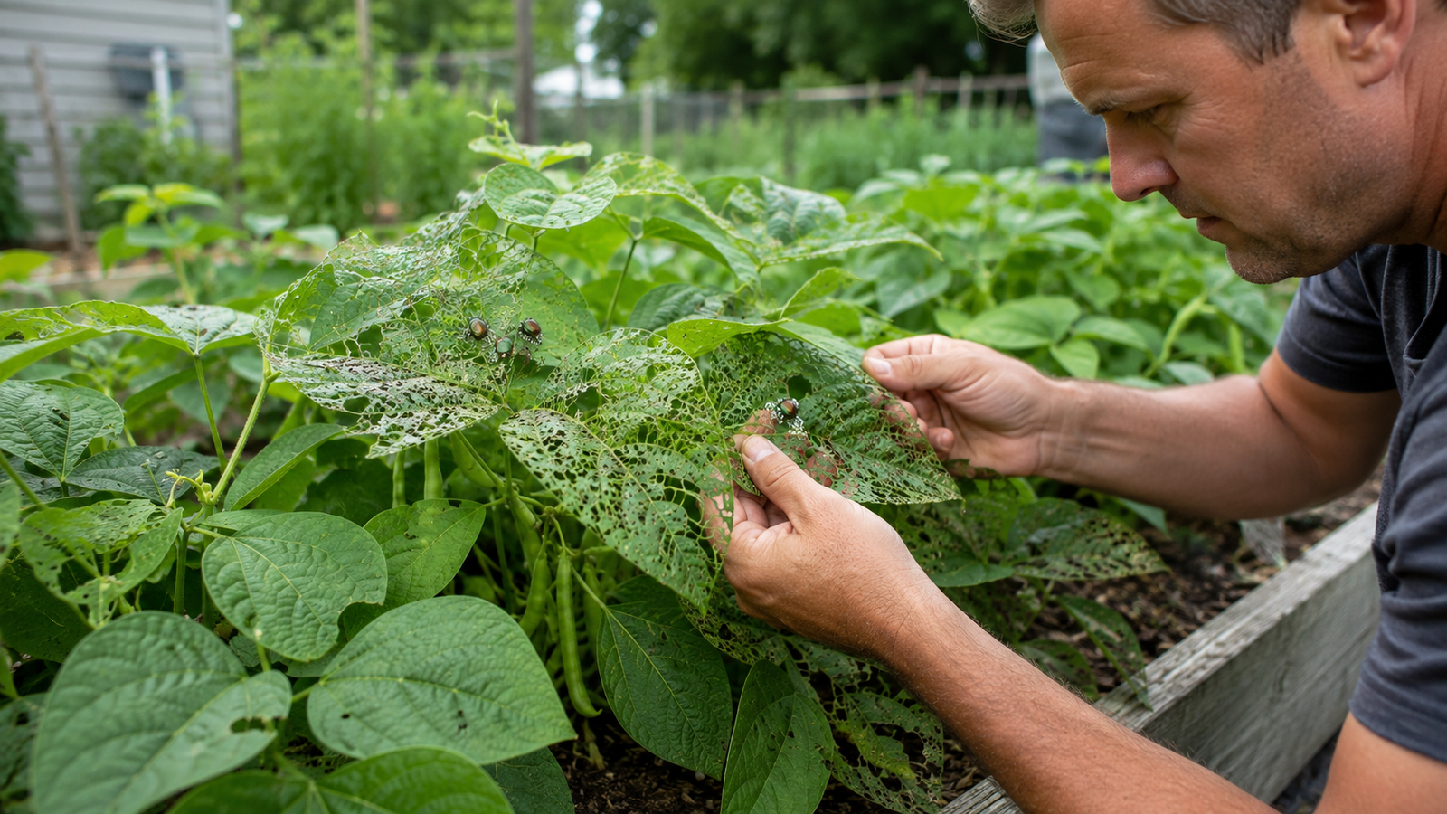 Japanese beetles feeding on damaged green bean leaves in a raised garden bed while a gardener inspects the plant