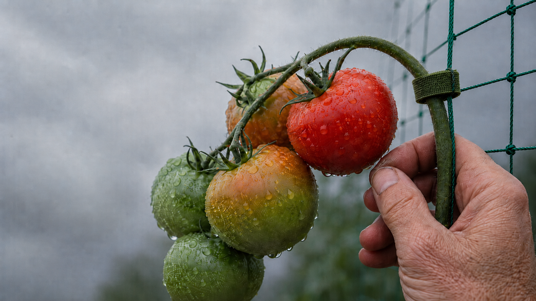 A gardener fastens a velcro plant tie around a heavy tomato branch, securing it to trellis netting after summer rain